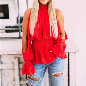 Flame Red Smocked Neck Top